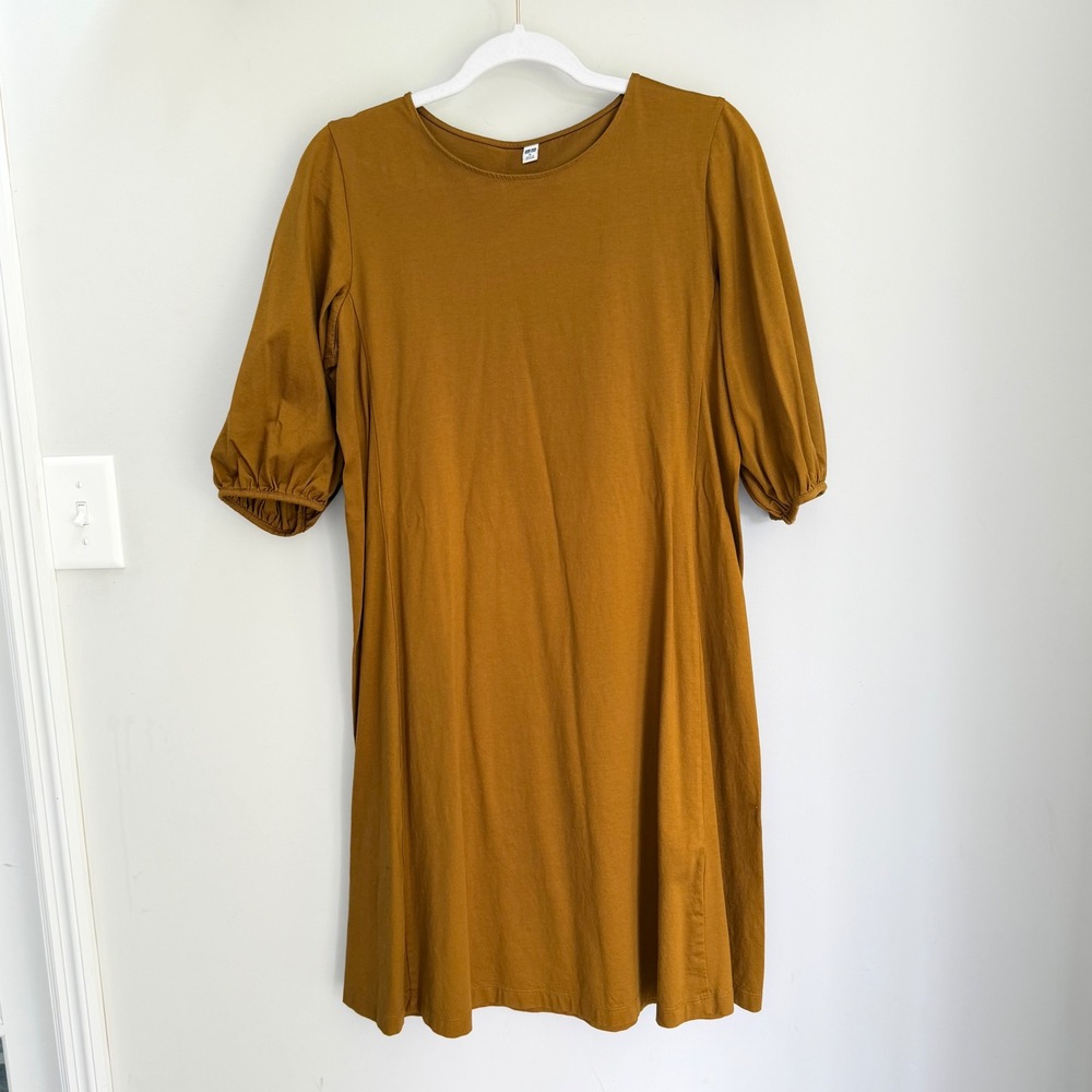 Uniqlo 100% Mercerized Cotton 3/4 Puff Sleeve Midi Dress Mustard Gold SZ Medium